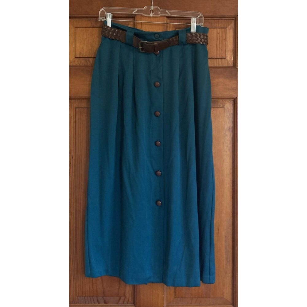 Truworths Womens S Teal Blue Button Front Belted Pleated Vintage Midi Skirt 80s
